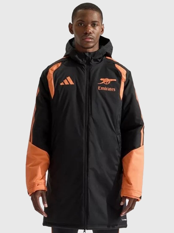 Arsenal adidas Pro Training Stadium Parka Jacket Jacket unisex front product view | Dash Racegear — adidas Arsenal 26/27 Stadium Parka Jacket Black with lightweight insulation and professional training design