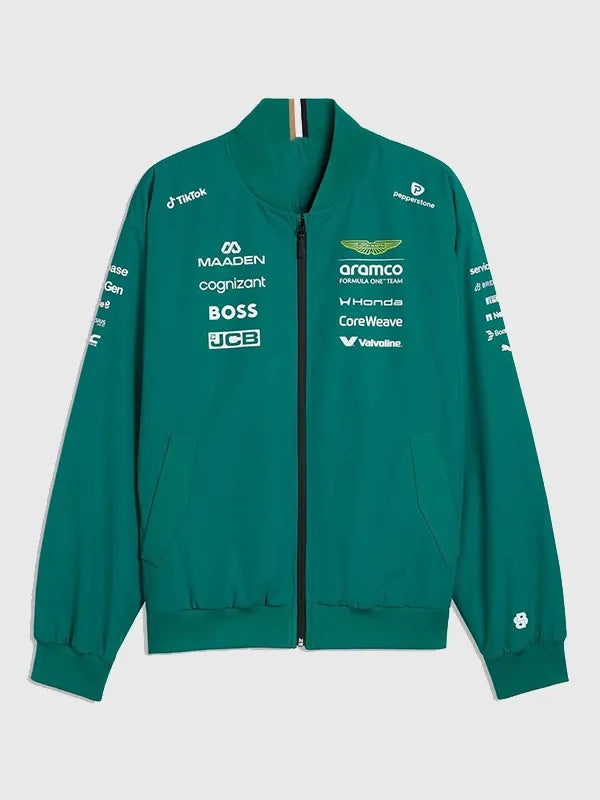 Aston Martin F1 Team 2026 Team Bomber Jacket Bomber Jacket unisex front product view | Dash Racegear — Aston Martin F1 Team 2026 green bomber jacket with ribbed cuffs and bold race graphics for motorsport fans.