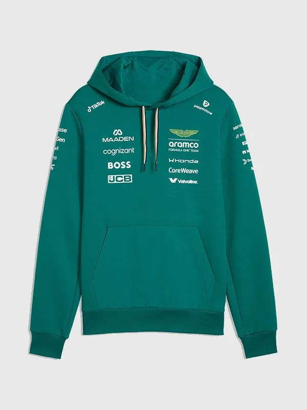 Aston Martin F1 Team 2026 Team Hoodie Hoodie unisex front product view | Dash Racegear — Unisex green fleece hoodie from Aston Martin F1 Team 2026 with bold team logo and comfy fit.