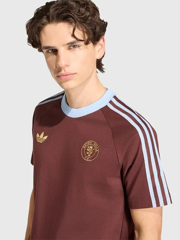 Aston Villa Adidas T-Shirt Shirt unisex detail view 3 | Dash Racegear — Unisex Aston Villa Adidas T-shirt in rich brown with sporty logo and breathable fabric.