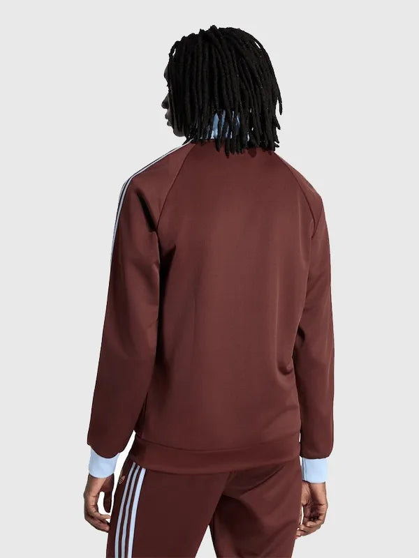 Aston Villa Adidas Track Jacket Jacket unisex detail view 3 | Dash Racegear — Unisex Aston Villa Adidas track jacket in rich brown with classic three-stripe sleeves.