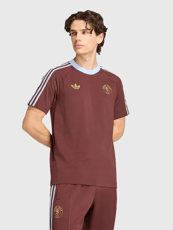 Aston Villa Adidas T-Shirt Shirt unisex front product view | Dash Racegear — Aston Villa brown Adidas T-shirt with soft cotton feel and club crest for unisex casual wear.