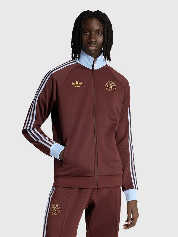 Aston Villa Adidas Track Jacket Jacket unisex front product view | Dash Racegear — Aston Villa brown Adidas track jacket with zip front and sporty stripes for unisex everyday wear.