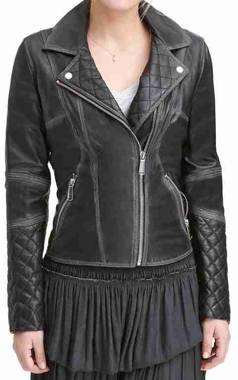 Womens Asymmetrical Style Black Quilted Motorcycle Jacket Biker Jacket women front product view | Dash Racegear — Black Quilted Asymmetrical Style Womens Moto Jacket