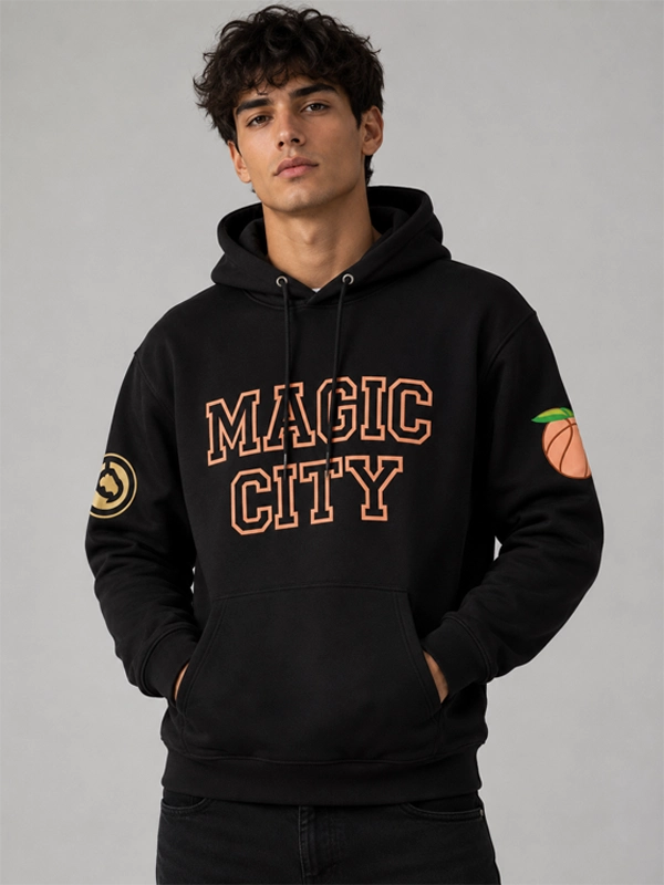 Atlanta Hawks Magic City Hoodie Hoodie unisex detail view 3 | Dash Racegear — Magic City sweatshirt linked to Atlanta Hawks with charcoal fabric, sleeve accents, and full pullover formation