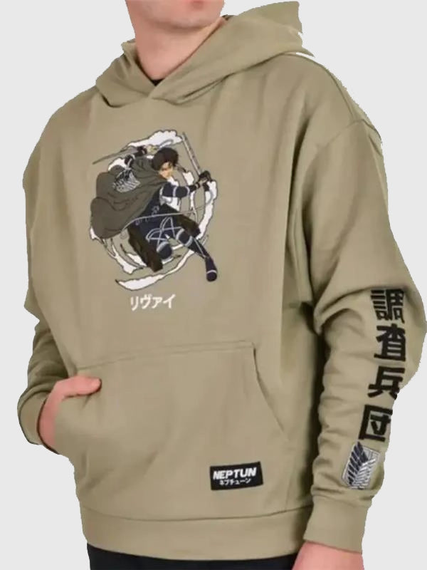 Attack On Titan Hoodie Hoodie unisex front product view | Dash Racegear — Khaki Attack On Titan Oversized Hoodie, unisex fit, perfect for lounging or showing anime fandom.
