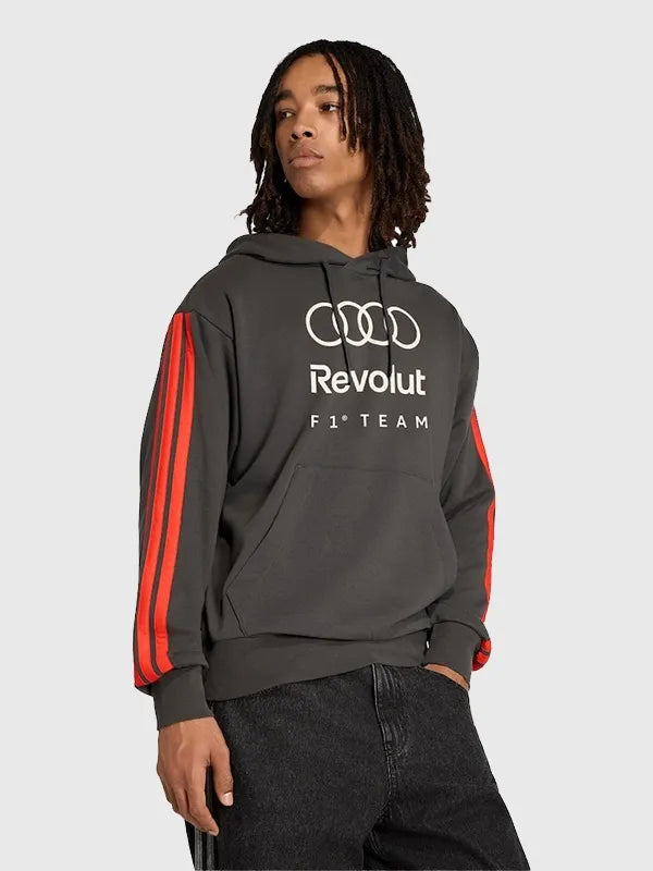 Audi F1 Adidas Hoodie Hoodie unisex detail view 3 | Dash Racegear — Men’s Audi F1 adidas DNA Logo Hoodie – Black, soft fleece lining and stylish logos, ideal for casual racing season outfits.
