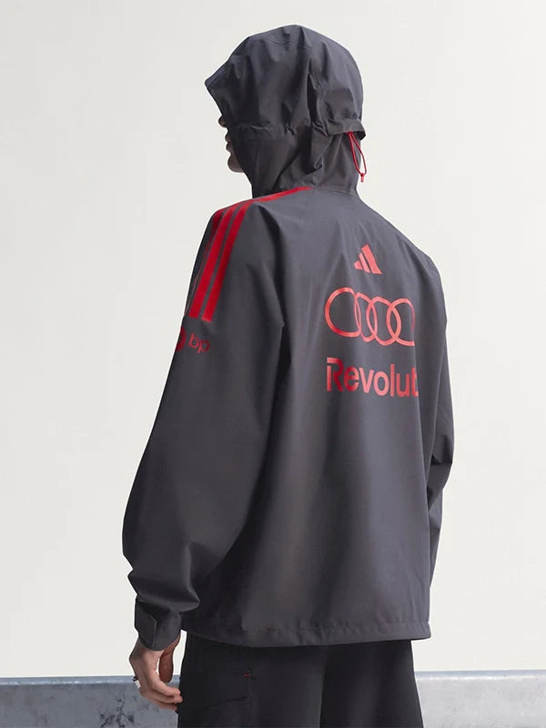 Adidas x Audi Revolut F1 Mechanics Rain Jacket Jacket unisex detail view 3 | Dash Racegear — Adidas x Audi Revolut F1 black mechanics rain jacket with hood, crafted for staying dry during wet race conditions.