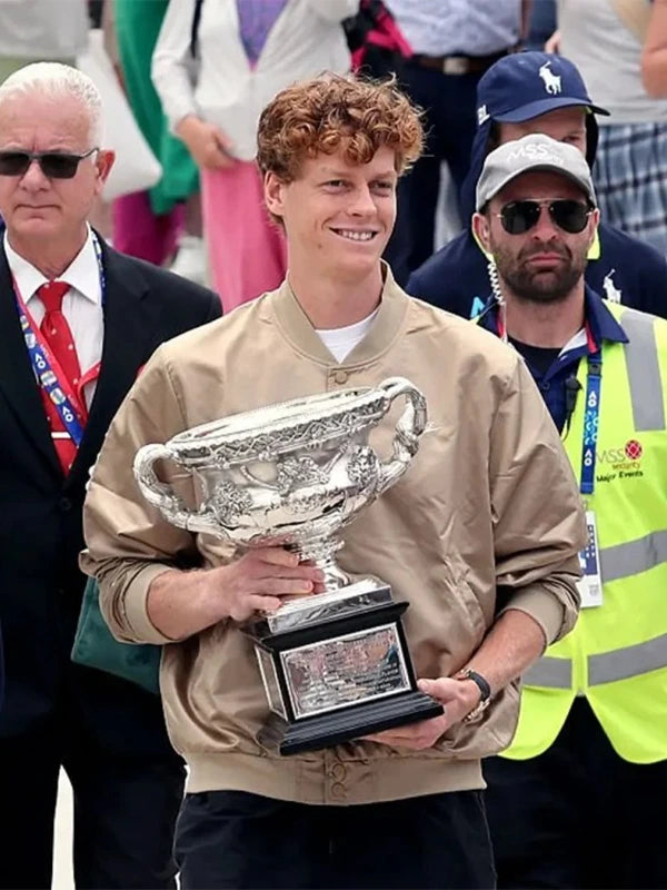 Jannik Sinner Australian Open Tennis Tournament Jacket Jacket unisex front product view | Dash Racegear — Beige Australian Open 2026 Jannik Sinner Tennis Tournament Bomber Jacket, lightweight and perfect for casual wear.