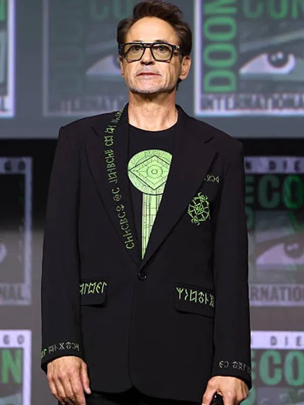 San Diego Comic-Con 2026 Robert Downey Jr. Doomsday Blazer Blazer unisex front product view | Dash Racegear — Unisex San Diego Comic-Con 2026 Robert Downey Jr. Avengers: Doomsday Doctor Doom Blazer Jacket in Black featuring premium comfort and…