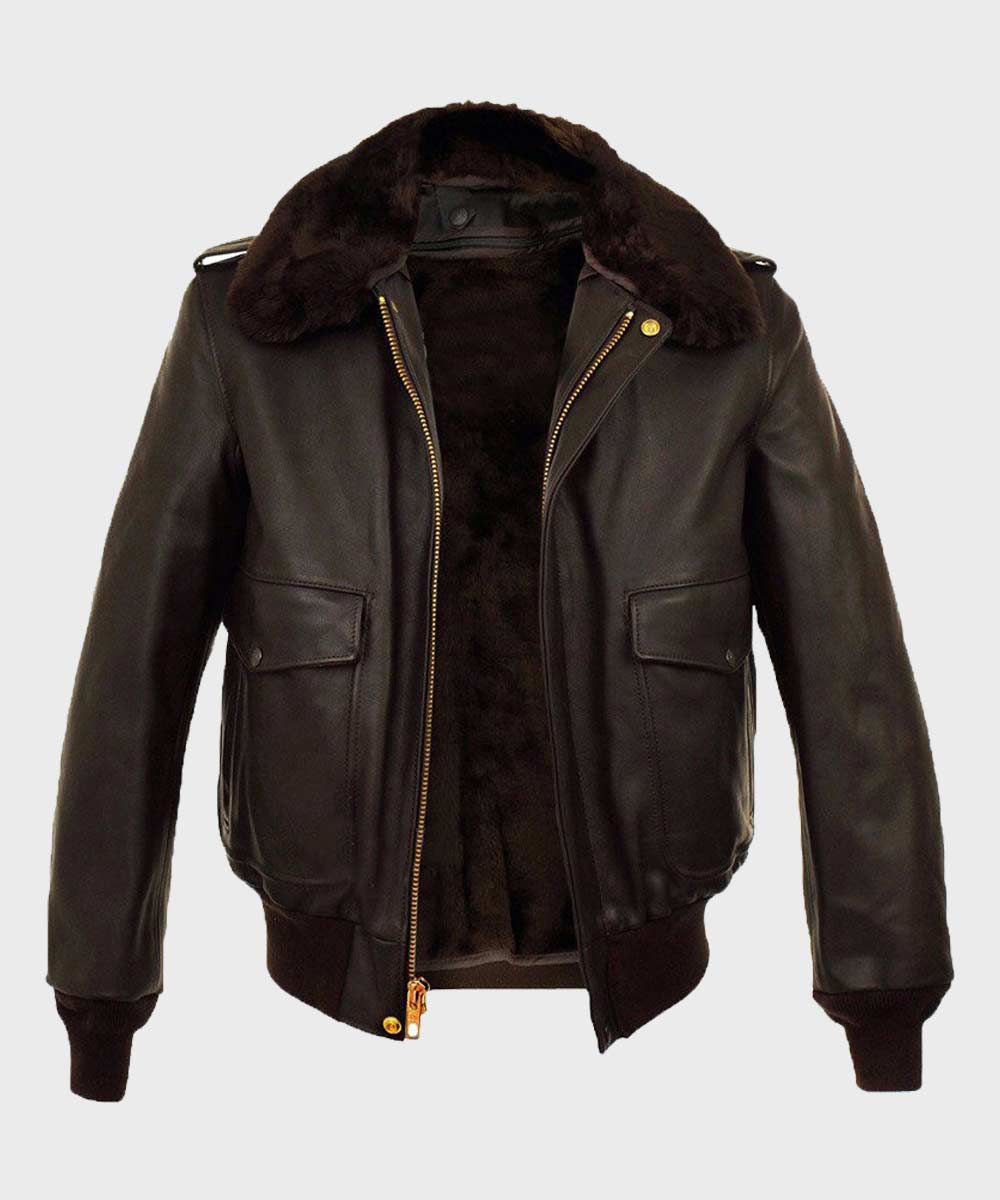 Mens A2 Brown Aviator Bomber Leather Jacket Leather Jacket men detail view 2 | Dash Racegear — Mens A2 Brown Shearling Bomber Jacket