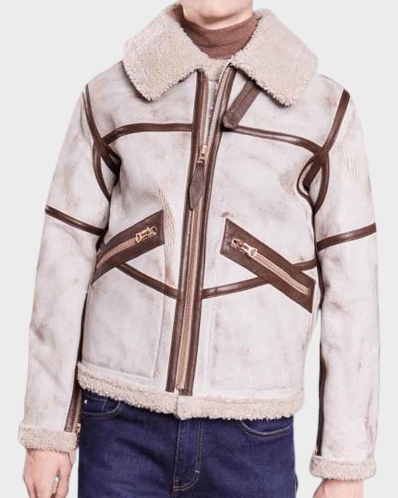 Aviator Style Mens White Waxed Leather Jacket Leather Jacket men front product view | Dash Racegear — Mens Aviator Style White Waxed Shearling Leather Jacket