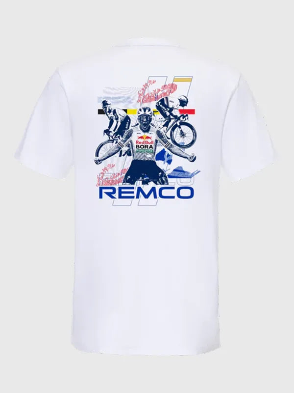 Red Bull BORA Hansgrohe Remco T-Shirt Shirt unisex front product view | Dash Racegear — Red Bull BORA Hansgrohe 2026 Remco white T-shirt, perfect for fans and casual cycling style.