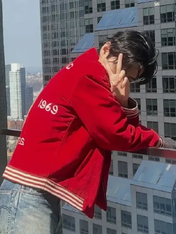 BTS V Bode Wenham Souvenir Jacket Jacket unisex detail view 3 | Dash Racegear — BTS V souvenir wool jacket in vibrant red by Bode Wenham, great for streetwear and casual wear.