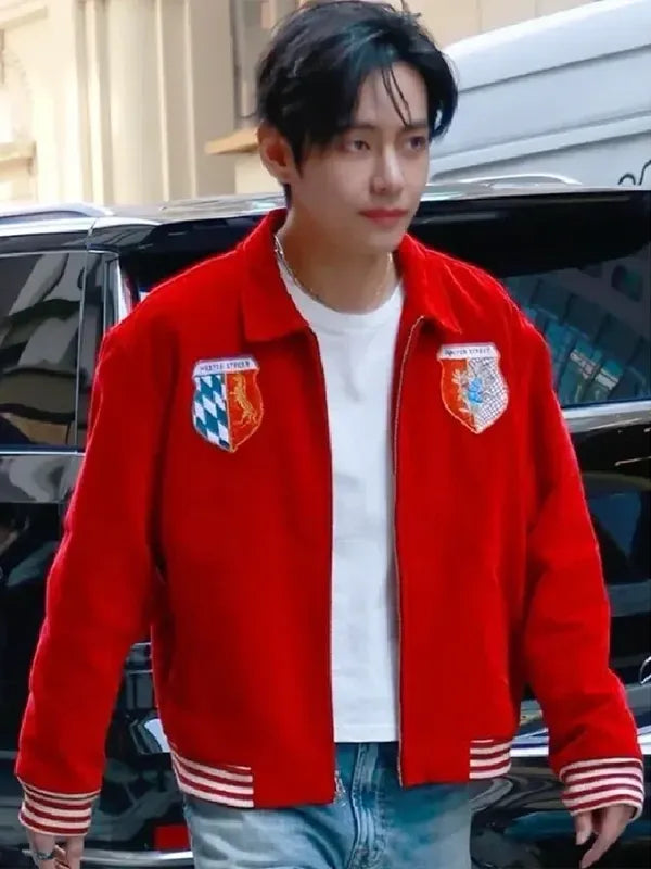 BTS V Bode Wenham Souvenir Jacket Jacket unisex front product view | Dash Racegear — Red wool BTS V x Bode Wenham jacket with souvenir detailing, ideal for casual layering.