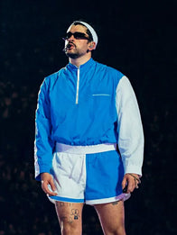 Bad Bunny Marseille Jacquemus Track Jacket Jacket unisex front product view | Dash Racegear — Marseille Jacquemus Bad Bunny Blue & White Half-Zip Track Jacket with a sleek sporty silhouette and modern style.