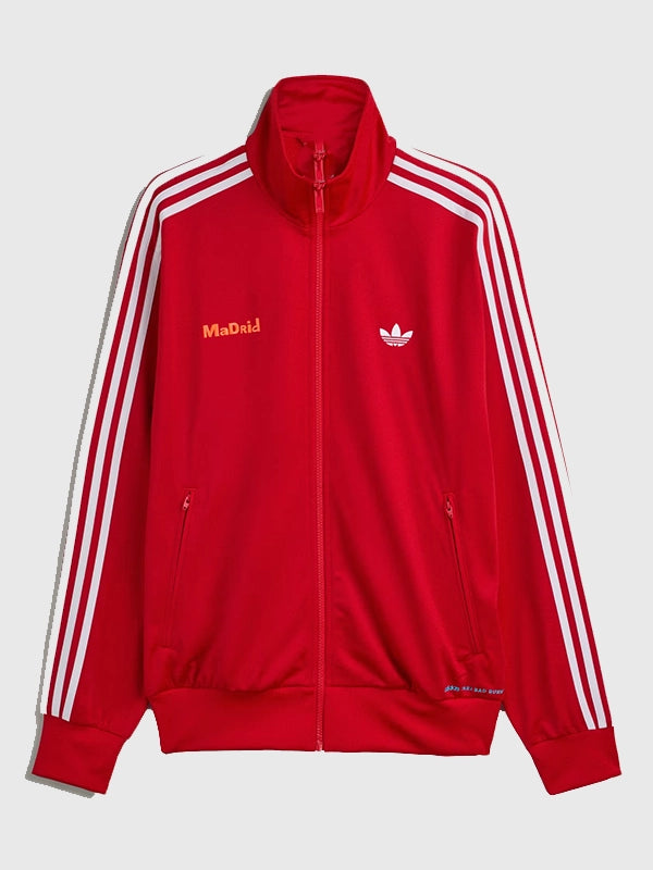 Adidas x Bad Bunny Madrid Firebird Track Jacket Jacket unisex front product view | Dash Racegear — Adidas x Bad Bunny DTmF Madrid Tour Merch Firebird Track Jacket with sporty retro style and smooth fabric feel.