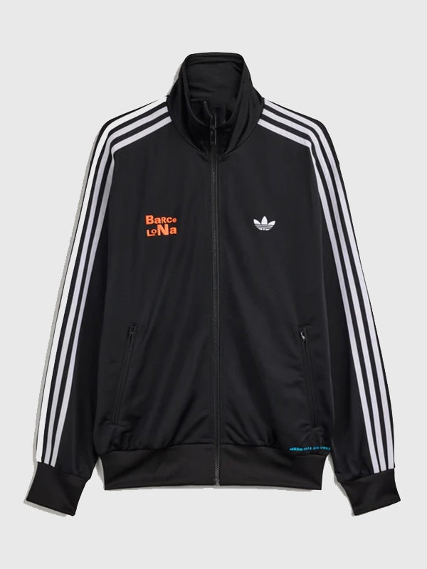 Adidas x Bad Bunny Barcelona Firebird Track Jacket Jacket unisex front product view | Dash Racegear — A lightweight Adidas Firebird jacket inspired by Bad Bunny Barcelona tour merch with bold streetwear energy.