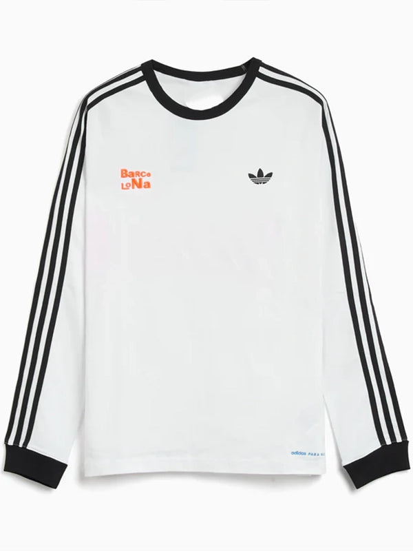 Adidas x Bad Bunny Barcelona Long-Sleeve T-Shirt Shirt unisex front product view | Dash Racegear — White long-sleeve T-shirt from Adidas x Bad Bunny Barcelona tour merch featuring relaxed fit and smooth fabric comfort.