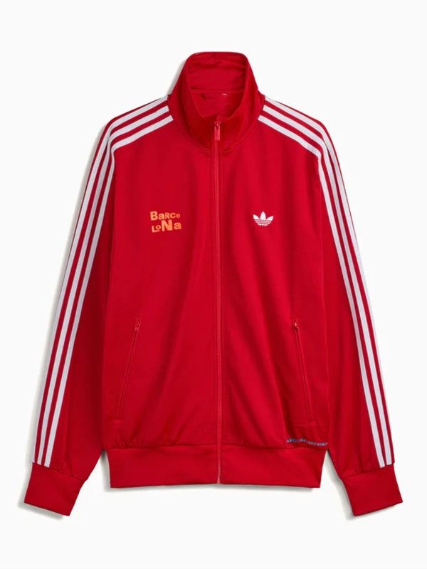 Adidas x Bad Bunny Barcelona Firebird Track Jacket Jacket unisex detail view 2 | Dash Racegear — Adidas x Bad Bunny DtMF Barcelona Tour Merch Firebird Track Jacket with retro sporty style and smooth finish.