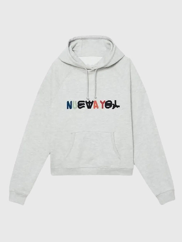 Bad Bunny X Zara Benito Antonio NUEVAYoL Hoodie Hoodie unisex front product view | Dash Racegear — Bad Bunny x Zara Benito Antonio SS26 NUEVAYoL Patch Grey Hoodie with soft comfort and urban-inspired design.