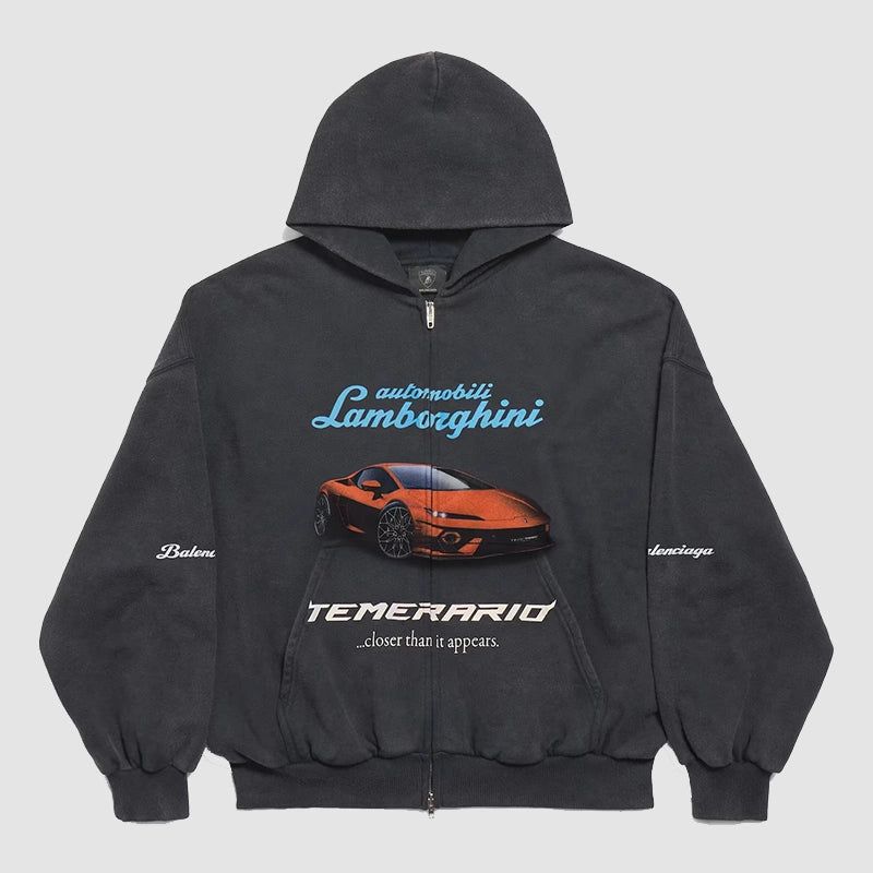 Balenciaga x Automobili Lamborghini Zip-up Hoodie Hoodie unisex front product view | Dash Racegear — Balenciaga Lamborghini Black Zip-up Hoodie