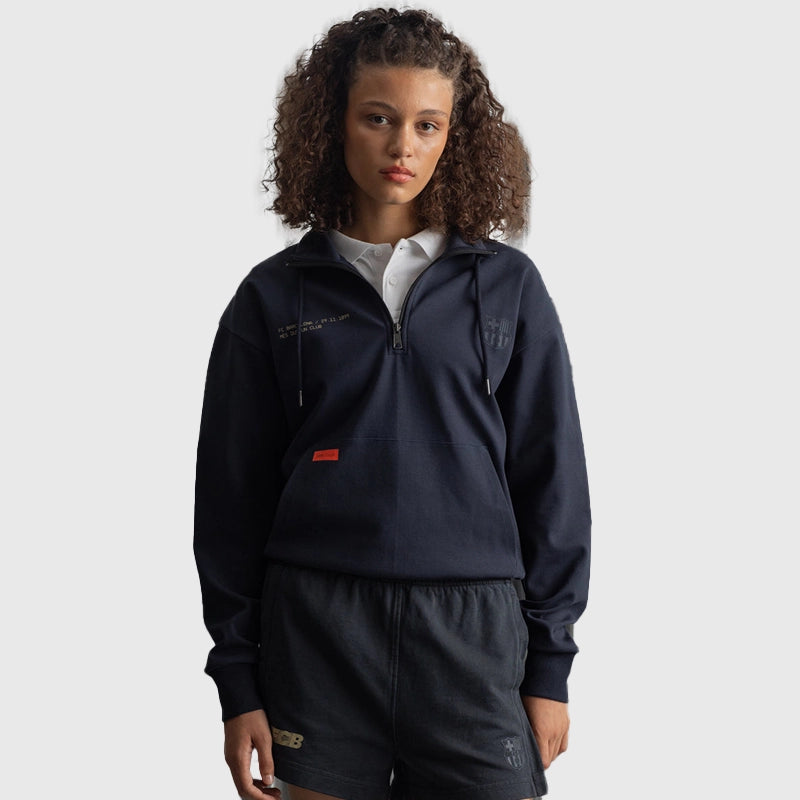 Barça Essentials Half Zip Hoodie Hoodie unisex detail view 4 | Dash Racegear — Close-up of navy fleece hoodie by Barça Essentials.