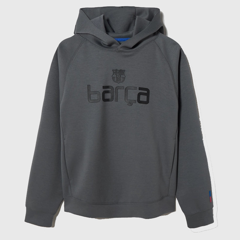 Barça Wordmark Logo Hoodie Hoodie unisex detail view 2 | Dash Racegear — Barça 2025 fleece hoodie in grey with wordmark logo front view.