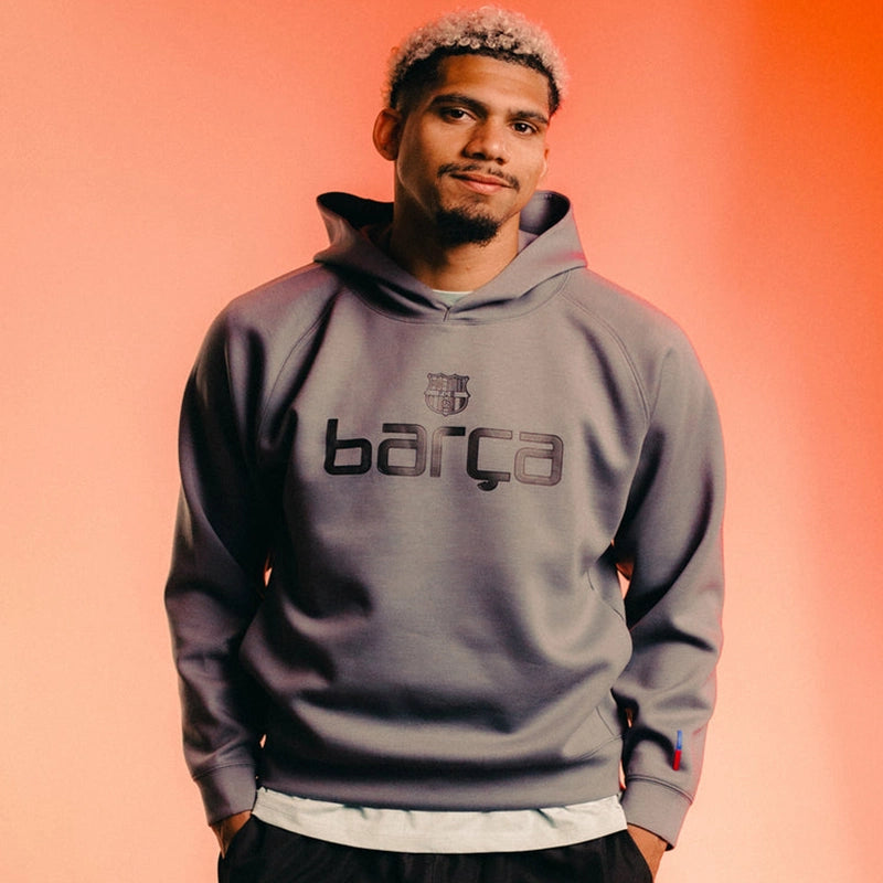 Barça Wordmark Logo Hoodie Hoodie unisex front product view | Dash Racegear — Barça 2025 unisex grey hoodie perfect for everyday wear.