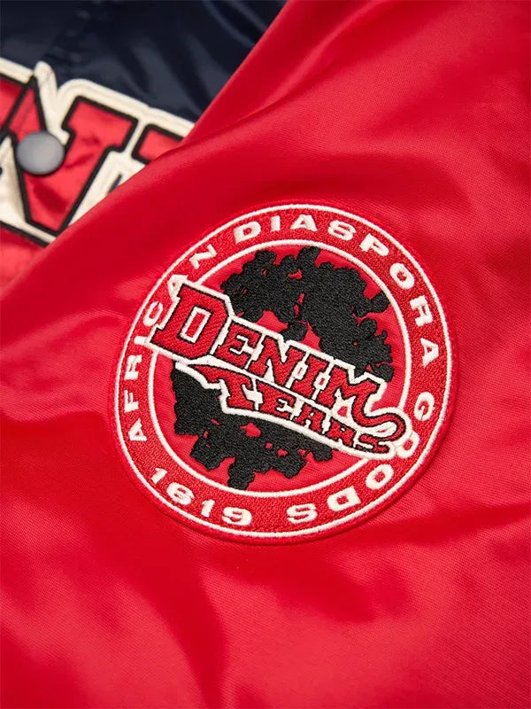 Denim Tears Baseball Varsity Jacket Varsity Jacket unisex detail view 4 | Dash Racegear — Denim Tears 2026 navy and red varsity jacket, perfect for sporty streetwear style.