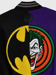 OVO Batman x The Joker Split Varsity Jacket Varsity Jacket unisex detail view 4 | Dash Racegear — OVO 2026 split varsity jacket in black & purple, bold Batman x Joker design, perfect for casual layering.