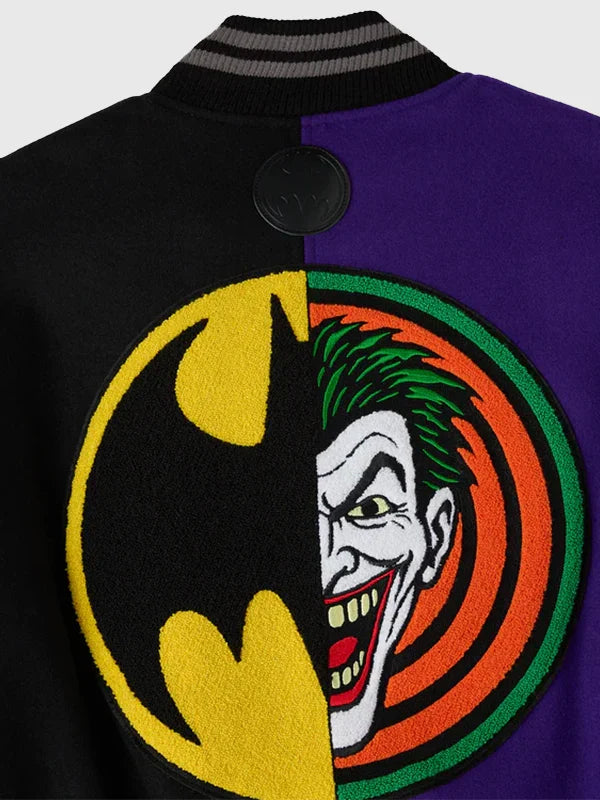 OVO Batman x The Joker Split Varsity Jacket Varsity Jacket unisex detail view 4 | Dash Racegear — OVO 2026 split varsity jacket in black & purple, bold Batman x Joker design, perfect for casual layering.