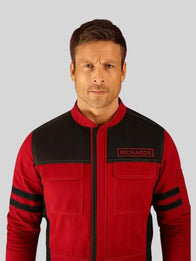The Running Man 2025 Glen Powell Red Jacket Jacket unisex detail view 2 | Dash Racegear — The Running Man 2025 Red Bomber Jacket by Glen Powell