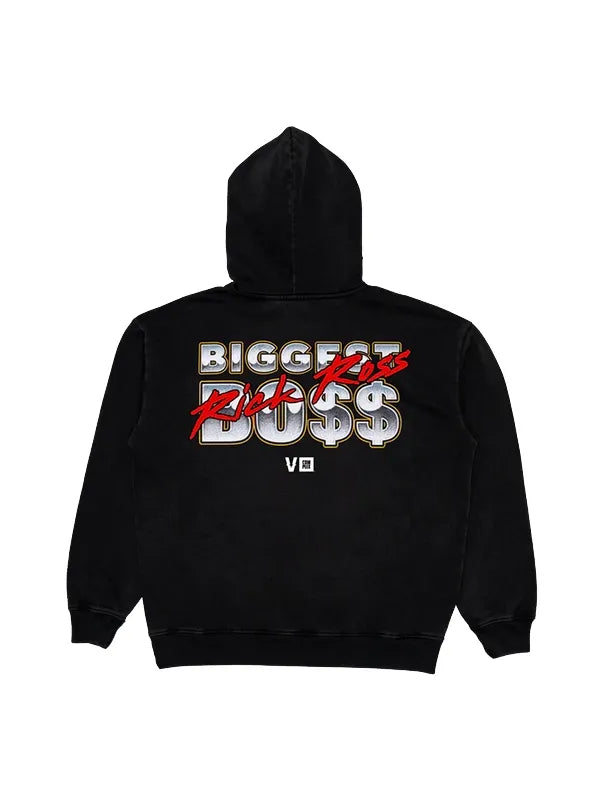 Rick Ross X Verzuz Biggest Boss Hoodie Hoodie unisex front product view | Dash Racegear — Black Rick Ross x Verzuz 2026 Biggest Boss fleece hoodie, heavyweight comfort, bold street style for unisex fans.