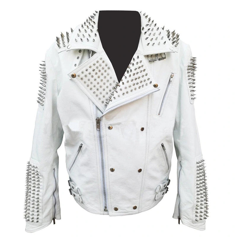 Jacob White Studded Leather Jacket Leather Jacket unisex front product view | Dash Racegear — Biker White Studded Leather Jacket
