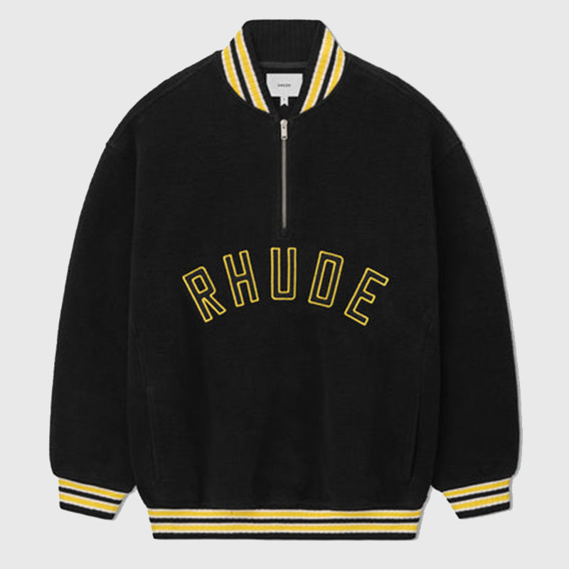 Rhude Quarter-Zip Pullover Varsity Jacket Varsity Jacket unisex detail view 2 | Dash Racegear — Front shot of Rhude 2025 quarter-zip varsity pullover in black and yellow.