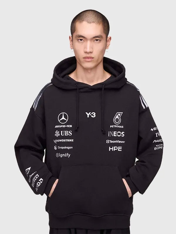 Y-3 x Mercedes-AMG F1 Black Hoodie Hoodie unisex detail view 3 | Dash Racegear — 2026 Y-3 x Mercedes-AMG F1 pullover in black, built for comfort and motorsport-inspired fashion.