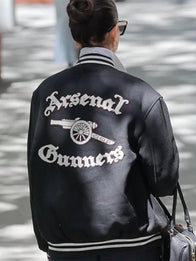 Anne Hathaway Arsenal Gunners Jacket Jacket unisex detail view 2 | Dash Racegear — Anne Hathaway 2026 Arsenal Gunners Wool Varsity Jacket – Black structured varsity fit, football heritage feel everyday wear