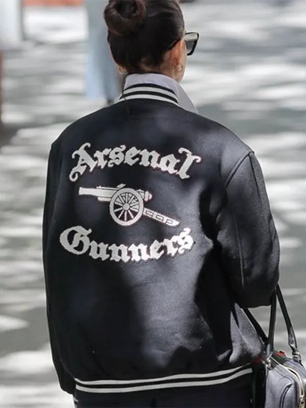 Anne Hathaway Arsenal Gunners Jacket Jacket unisex detail view 2 | Dash Racegear — Anne Hathaway 2026 Arsenal Gunners Wool Varsity Jacket – Black structured varsity fit, football heritage feel everyday wear
