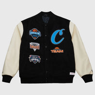 M&N x Cookies Full-Snap Varsity Jacket Varsity Jacket unisex front product view | Dash Racegear — Mitchell & Ness x Cookies 2025 black and beige varsity jacket with leather sleeves