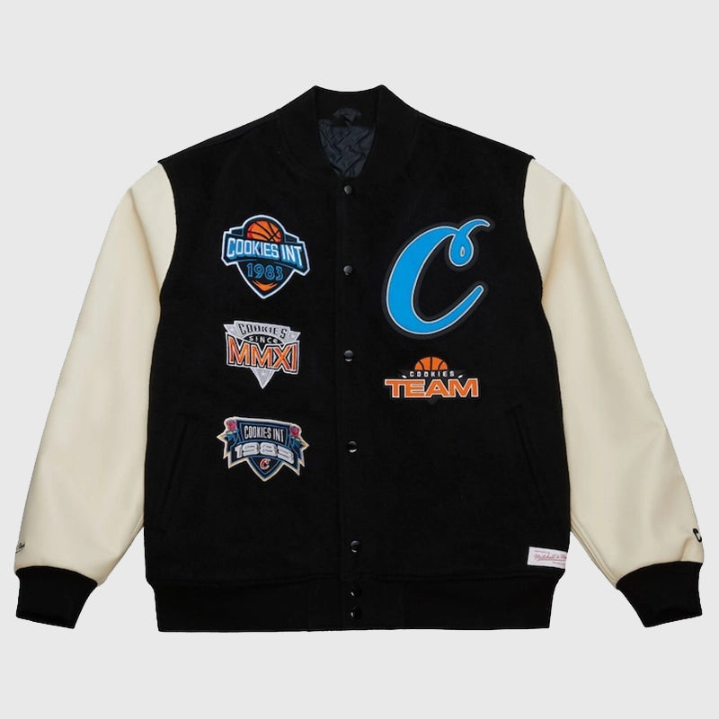 M&N x Cookies Full-Snap Varsity Jacket Varsity Jacket unisex front product view | Dash Racegear — Mitchell & Ness x Cookies 2025 black and beige varsity jacket with leather sleeves
