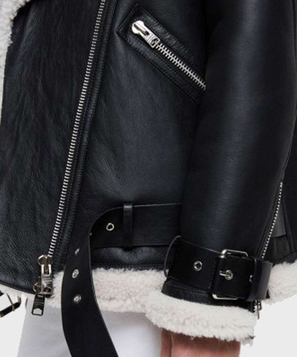 Womens Black Biker Shearling Jacket Biker Jacket women detail view 2 | Dash Racegear — Womens Black Motorcycle Shearling Jacket