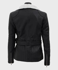 Womens Shearling Black Belted Asymmetrical Biker Leather Jacket Leather Jacket women detail view 3 | Dash Racegear — Asymmetical Shearling Black Motorcycle Leather Jacket
