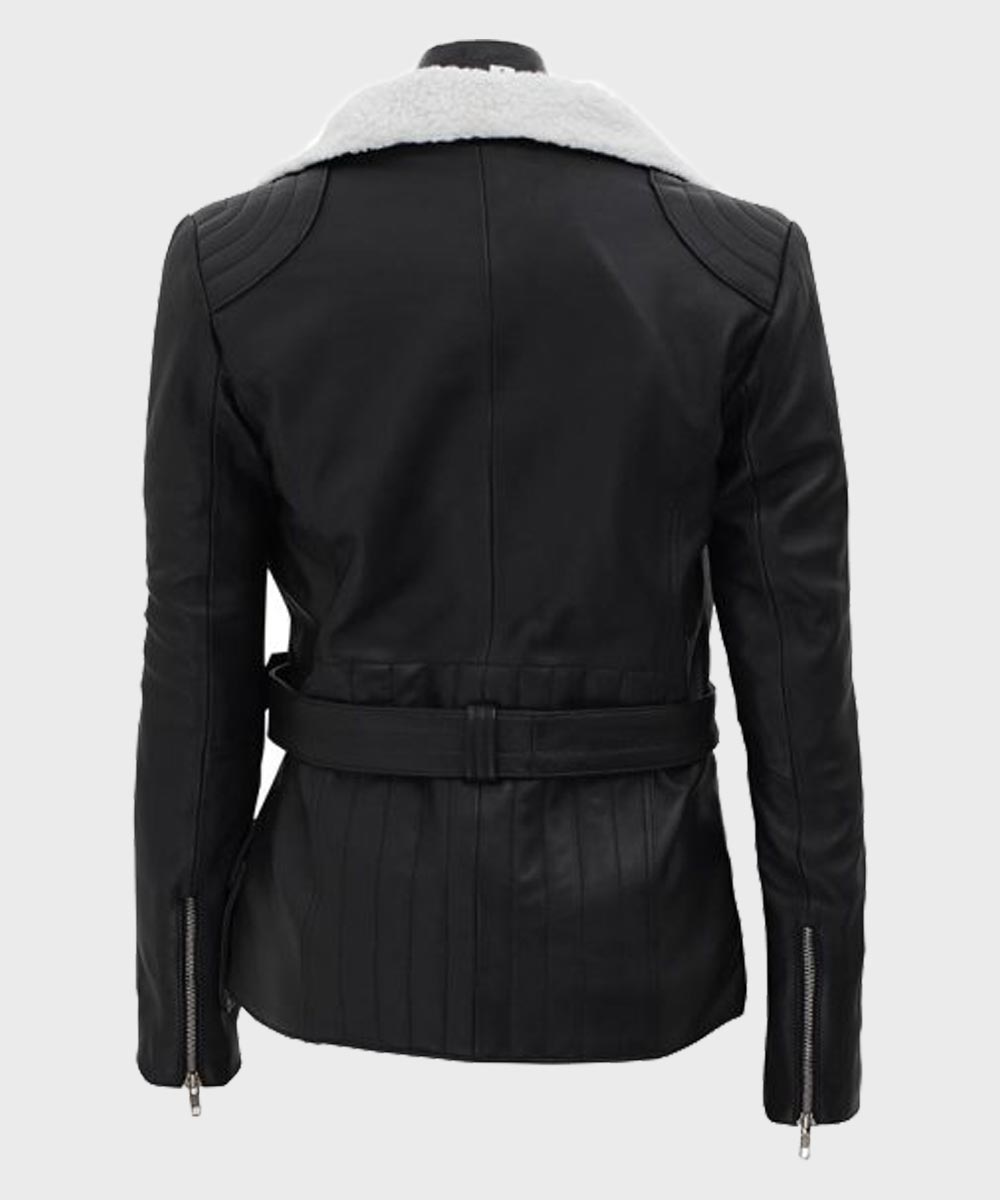 Womens Shearling Black Belted Asymmetrical Biker Leather Jacket Leather Jacket women detail view 3 | Dash Racegear — Asymmetical Shearling Black Motorcycle Leather Jacket