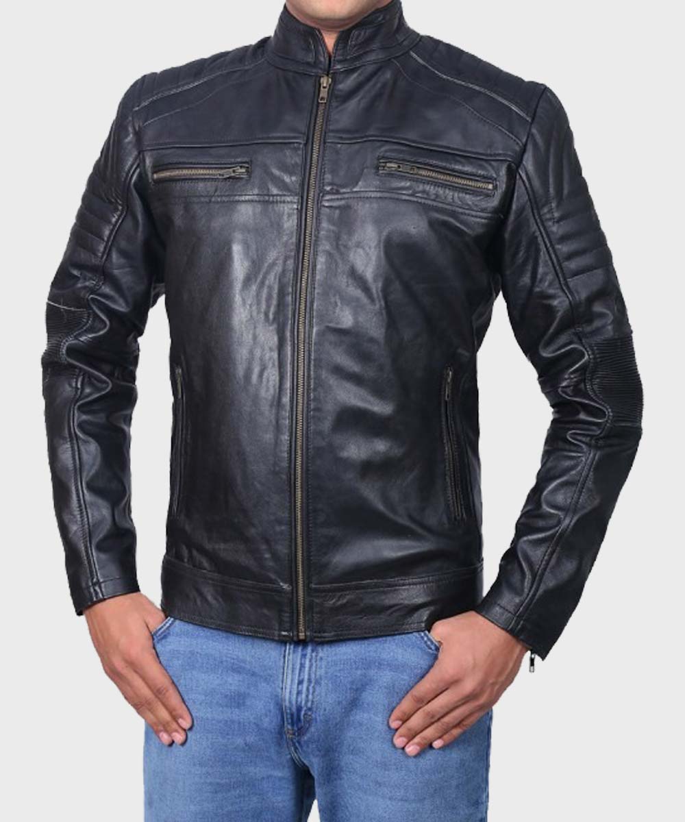 Mens Cafe Racer Black Classic Biker Jacket Biker Jacket men front product view | Dash Racegear — Mens Cafe Racer Black Classic Biker Jacket