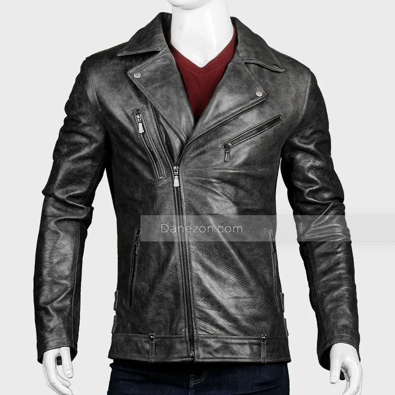 Men’s Black Biker Distressed Leather Jacket Biker Jacket men front product view | Dash Racegear — Black Biker Distressed Leather Jacket Mens