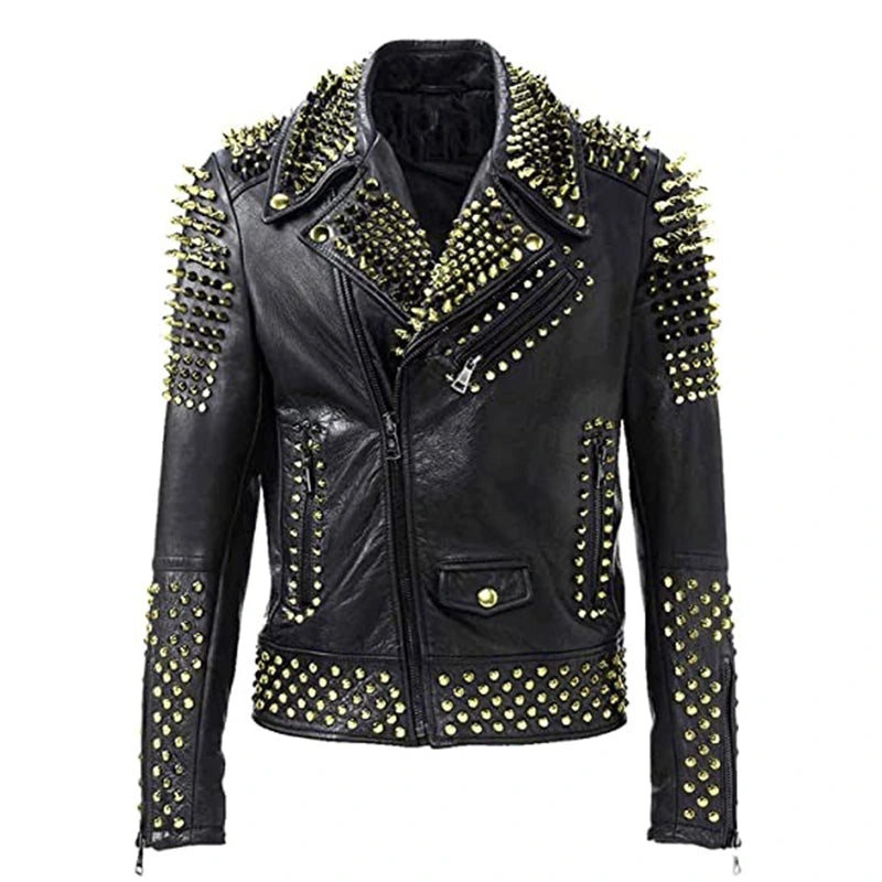 Stephen Biker Studded Black Leather Jacket Leather Jacket unisex front product view | Dash Racegear — Biker Studded Black Leather Jacket