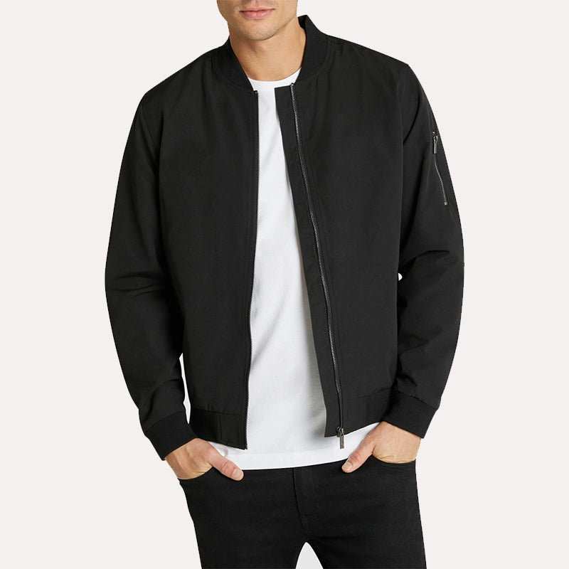 Eric Black Bomber Jacket Bomber Jacket unisex front product view | Dash Racegear — Men's Black Bomber Jacket With Zip Closure