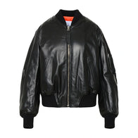 Linda Black Leather Bomber Jacket Bomber Jacket unisex front product view | Dash Racegear — Black Leather Bomber Jacket