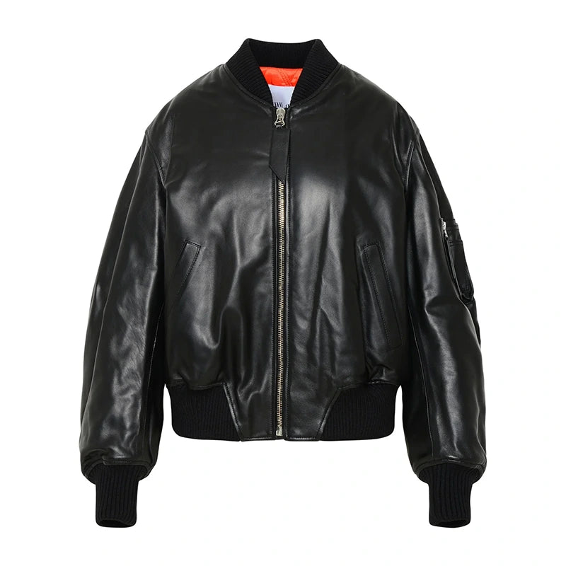 Linda Black Leather Bomber Jacket Bomber Jacket unisex front product view | Dash Racegear — Black Leather Bomber Jacket
